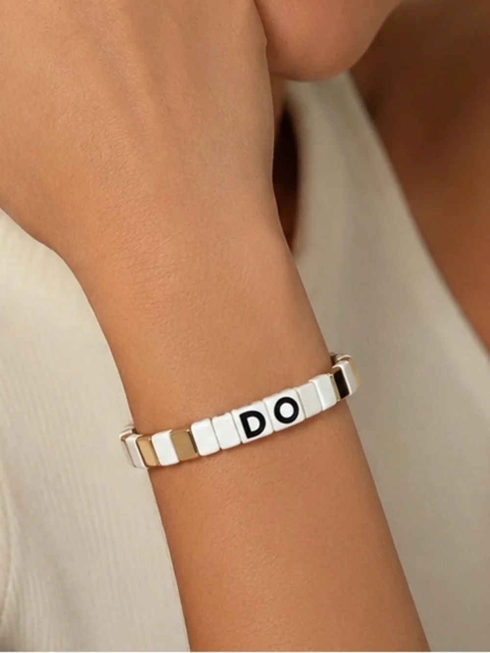 Roxanne Assoulin Gold Plated And White 'DO' Tile Stretch Bracelet NEW AUTHENTIC